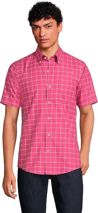 Lands' End Men's Short Sleeve Traditional Fit No Iron Sportshirt - 2X Large - Washed Mulberry Windowpane