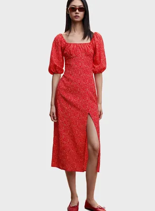 Front Slit Balloon Sleeve Dress 