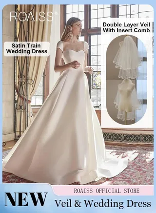 Tail Wedding Dresses for Women Satin Temperament Slim Fit Waisted Banquet Main Dress with Back Straps Design Ladies Light Bridal Welcome Gown with Double Veil 
