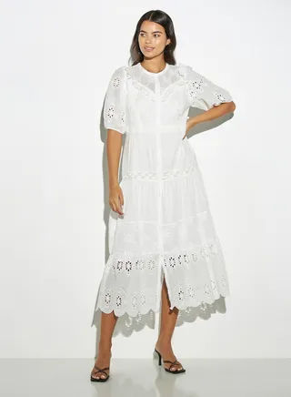 2Xtremz Schiffli Textured Tiered Midi Dress with Ruffles and Short Sleeves 