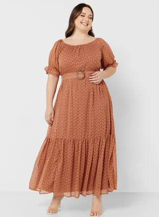Textured Puff Sleeve Belted Dress 