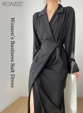 Women's Fashion Suit Dress Temperament Polo Neck Long Sleeve Waist Tight Dress Minimalist High Waisted A-Line Dress 