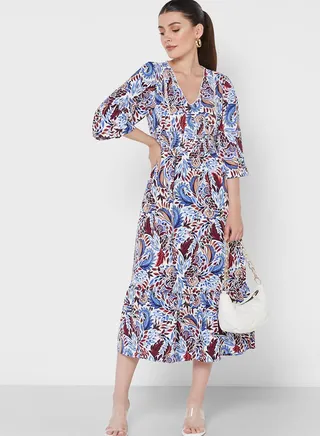 Pleat Detail Printed Dress 