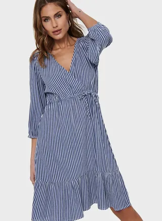 V-Neck Stripe Tiered Midi Dress 