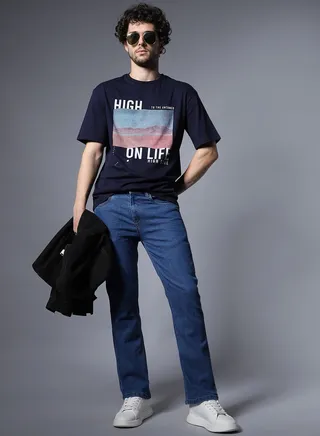 Men Bootcut Heavy Fade Acid Wash Stretchable Jeans 