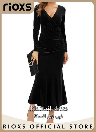 Women's Elegant V Neck Slim Fit Long Sleeve Dress Cocktail Mermaid Dress Party Wedding Maxi Dress For Special Occasions 