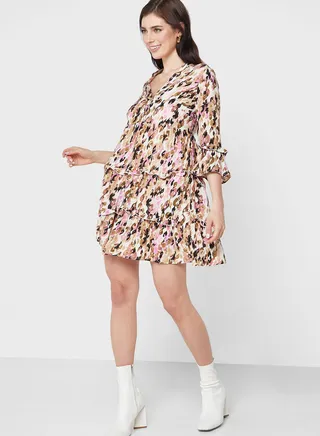 Printed  V-Neck Ruffle Dress 