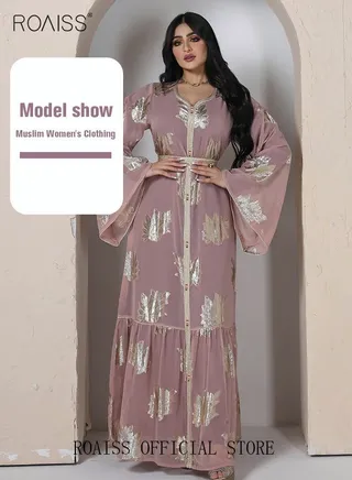 Women Luxury V-neck Bronzing Chiffon Robe Maxi Dresses with Lining Exclusive Styles Modern Stylish Abaya Middle East Arabic Banquet Wedding Party Dress Women's Festival Clothing Pink 