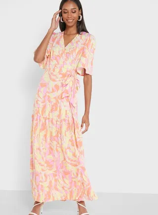 Tie Detail Printed Pleat Detail Dress 