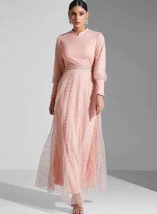 Textured Dress With High Neck 