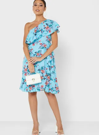 Floral Ruffle One Shoulder Dress