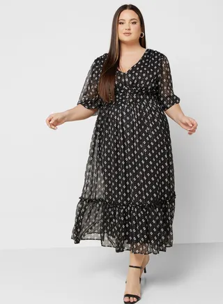Printed Bell Sleeve Fit & Flare Dress 