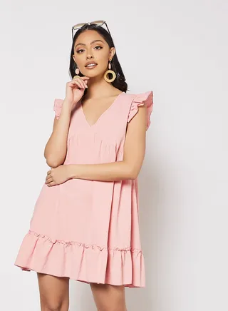 V-Neck Plain Mini Dress Pink 