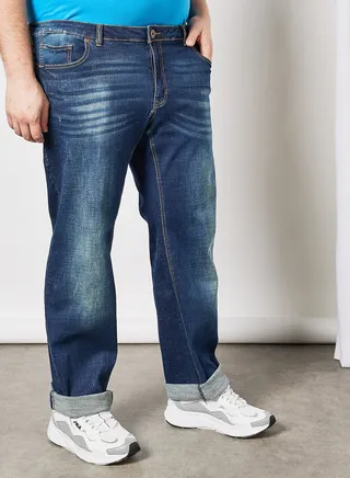 Plus Size Washed Regular Jeans Blue 
