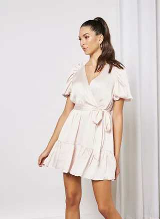 Puff Sleeve Faux Wrap Dress Light Pink 