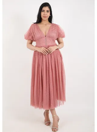 Women's dress with elegant design and  text sleeves, pink 