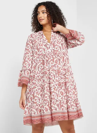 Notched Neck Printed Tiered Dress 