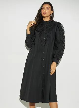 2Xtremz Lace Detail Midi Shirt Dress with Band Collar and Long Sleeves 