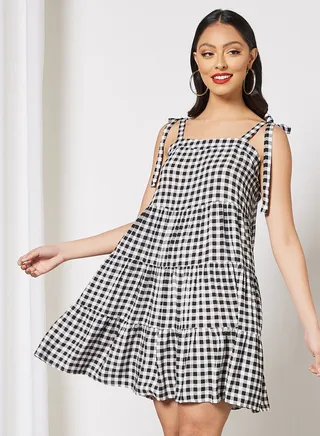 Checked Printed Mini Dress Black/White 