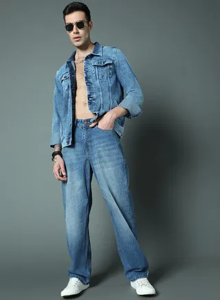 Men Wide Leg Mid-Rise Light Fade Stretchable Jeans