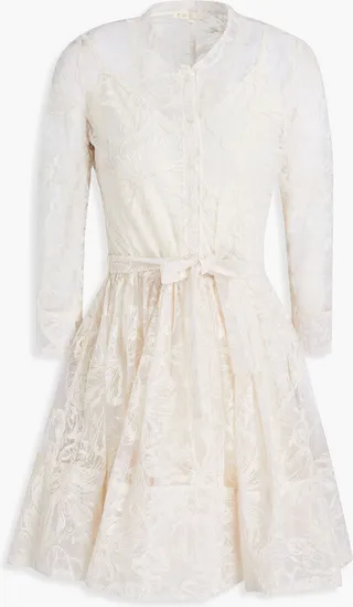 Gathered embroidered tulle mini dress