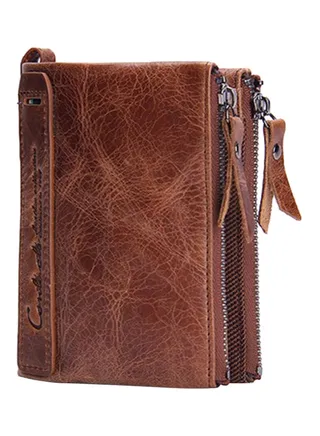 Leather Wallet  With Double Zipper Brown 