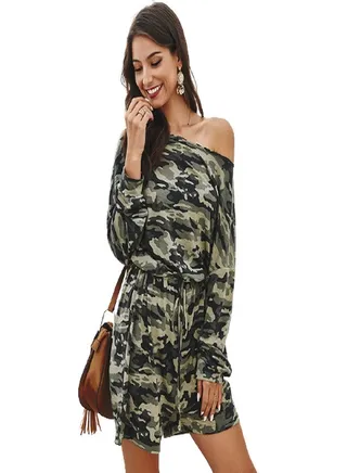 Spring Camouflage Off Shoulder Jumpsuit Army Green 