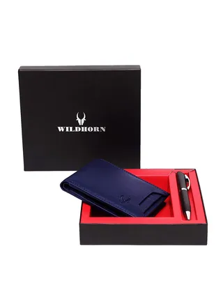 Men Blue Genuine Leather Wallet Gift Set Combo 