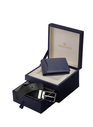 India Blue Leather Mens Wallet & Belt Combo Set Blue 