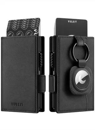 Card Holder Wallet with Airtag Holder & ID Window Pop Up Slim Leather Wallet RFID Blocking Magnetic Closure for Credit Cards and Cash Black 