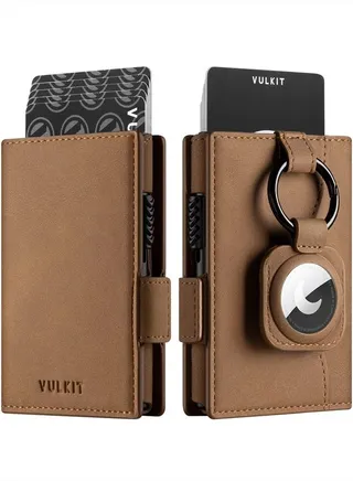 Card Holder Wallet with Airtag Holder & ID Window Pop Up Slim Leather Wallet RFID Blocking Magnetic Closure for Credit Cards and Cash Amber Brown 