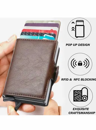 Wallet for Men Credit Card Holder, Automatic Pop Up Wallet with RFID, Leather Slim Card Case Front Pocket Anti-theft Travel Thin Wallets, Metal Money Organizers for Women Up to Holds 14 cards+ Cash 