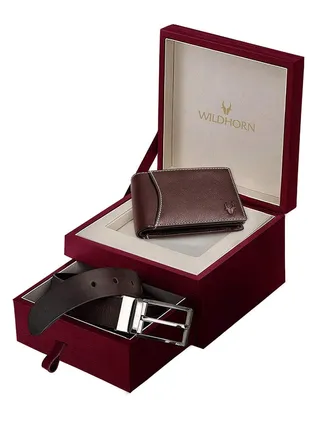 WildHorn Men's Classic Leather Wallet and Belt Combo Brown 