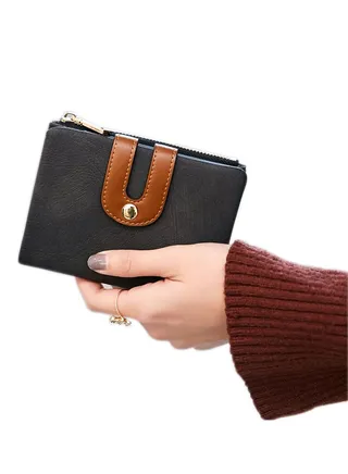Wallet, Women's Rfid Small Bifold Leather Wallet Ladies Mini Zipper Coin Purse id card Pocket, Slim Compact Thin (Black) 