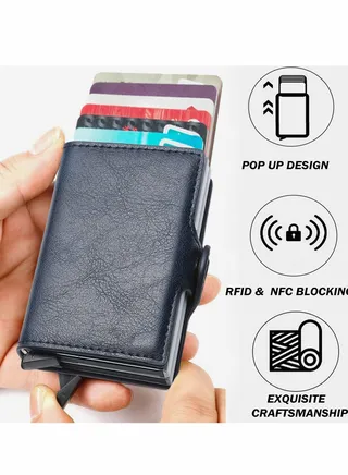 Wallet for Men Credit Card Holder, Automatic Pop Up with RFID, Leather Slim Case Front Pocket Anti-theft Travel Thin Wallets, Metal Money Organizers Women to Holds 14 cards+ Cash 