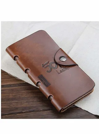 Men's Leather Long Wallet, Anbane RFID Trifold Brown Card Holder 