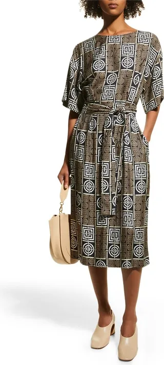 Belted Geometric-Print T-Shirt Dress