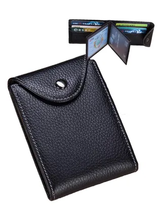 Wallet for Men, Genuine Leather Minimalist Wallet, Slim Travel Wallet with 4 ID Window, for Business Card Credit Card Driver's License, Front Pocket Wallet, Card Case Men Gifts, Black 