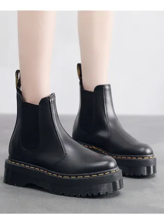 Chelsea Boots Women's Thick Sole Genuine Leather One Step Martin Boots Black 