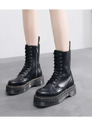 Thick Bottom 10 Hole Female Side Zipper British Style Martin Boots Black 