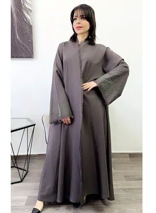 Beautiful Abaya Crystal with Ketan High-Neck Closh Grey 