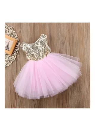 Round Neck Princess Dresses Pink/Gold 
