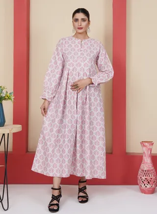 Cotton Satin Short Maxi Jalabya - A Four-Season Beauty with Round Neck in Elegant Pink and Long Sleeves with Leaf Print 