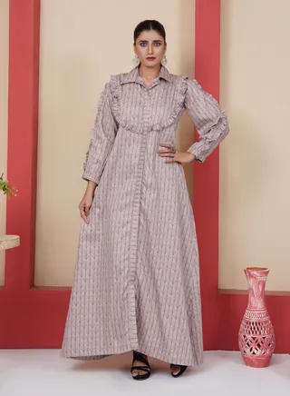 Cotton Satin Maxi Jalabya - A Four-Season Elegance with Collared Neck and Beautiful Design on Front and Sleeves 