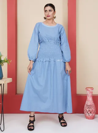 Pure Cotton Long Jalabya - Elegance Personified with Boat Neck, Water Drops Print, Long Sleeves, and Beautiful Waist Design 