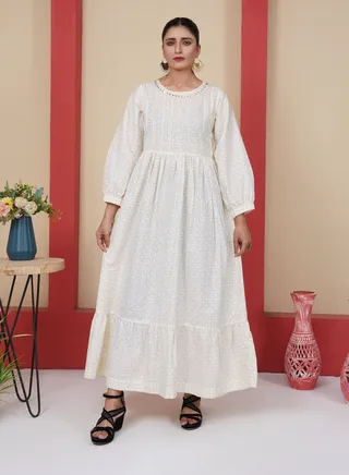 Pure Cotton Embellished Maxi Jalabya - A Four-Season Stunner with Boat Neck in Elegant Off-White and Beautiful Sleeves 