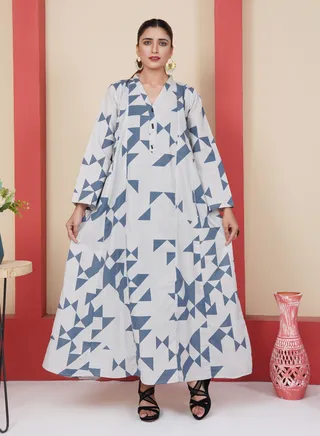 Pure Cotton Printed Maxi Jalabya - A Four-Season Marvel in V-Neck White and Blue with Elegant Long Sleeves 