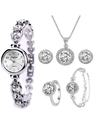 [2023 New Design]Ladies Watch Fashionable Women Quartz Diamond Wristwatch Classic Simple Watches Business Decoration Bangle Bracelet Necklace Ring Earring Girl Gift Set 