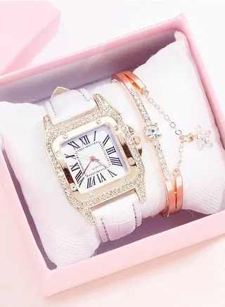 Fashionable bucket shaped square women's quartz watch with exquisite rhinestones on the dial, a two-piece set of watches and bracelets 