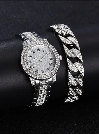 Luxury All Diamond Roman Text Steel Band Temperament Business Women's Quartz Watch with Diamond Bracelet 